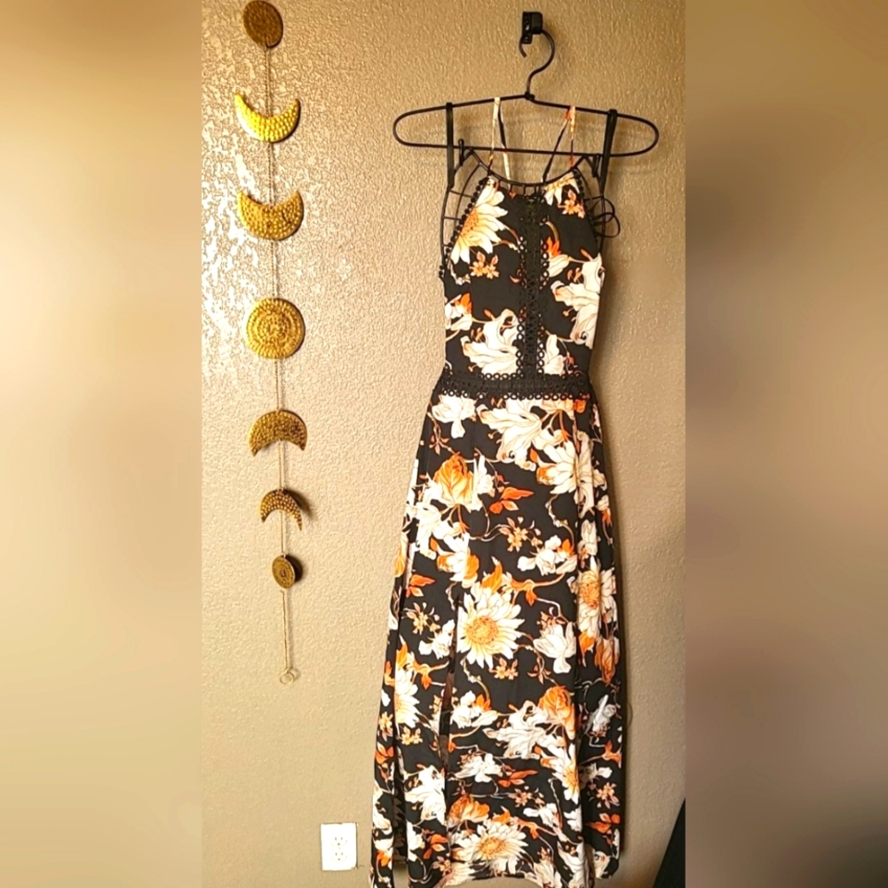 Tie Back Lace Insert Split Thigh Floral Cami Dress